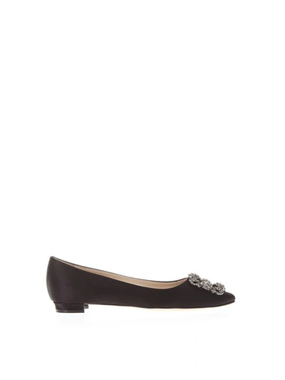 Shop Manolo Blahnik Black Satin Jewel Buckled Flats Ss18