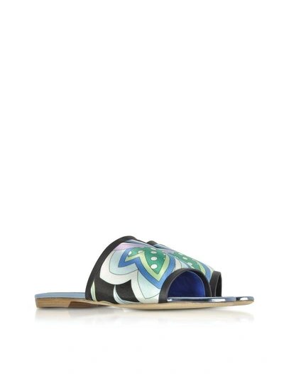 Shop Emilio Pucci Cornflower Printed Canvas And Leather Flat Slide Sandals In Blue