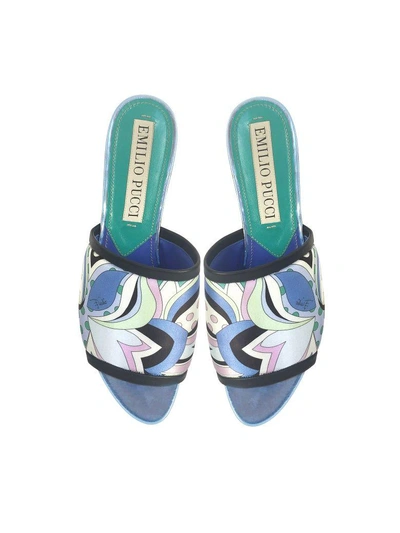 Shop Emilio Pucci Cornflower Printed Canvas And Leather Flat Slide Sandals In Blue