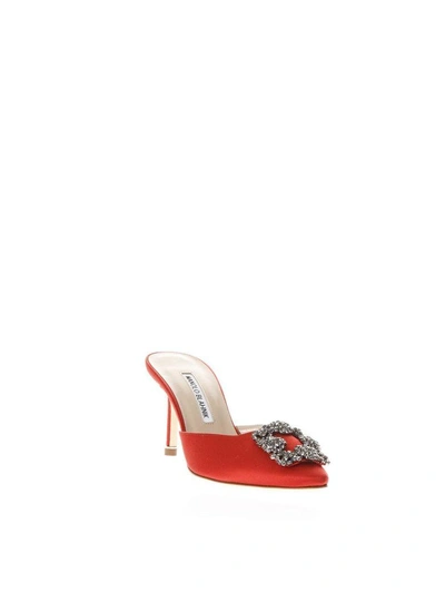 Shop Manolo Blahnik Red Satin Jewel Buckle Flat Mules