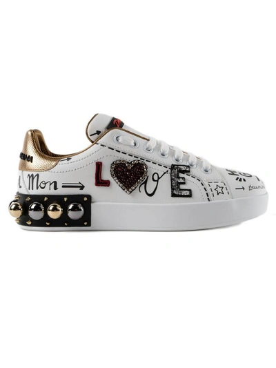 Shop Dolce & Gabbana Love Sneakers In 8sbianco/oro Antico