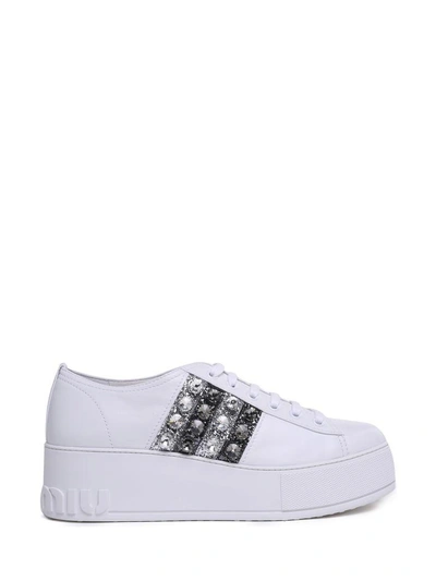 Shop Miu Miu Crystal And Glitter-embellished Leather Platform Sneakers In Bianco