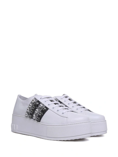 Shop Miu Miu Crystal And Glitter-embellished Leather Platform Sneakers In Bianco