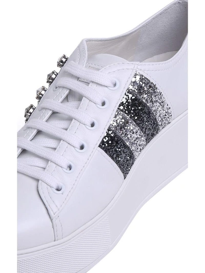 Shop Miu Miu Crystal And Glitter-embellished Leather Platform Sneakers In Bianco