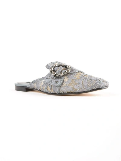 Shop Dolce & Gabbana Embellished Lace Mules In Grigio Scuro