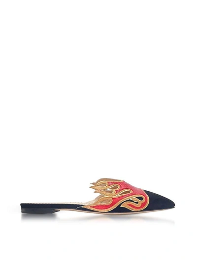 Shop Charlotte Olympia Black Suede And Red Snake-printed Leather Flaming Slide Mules
