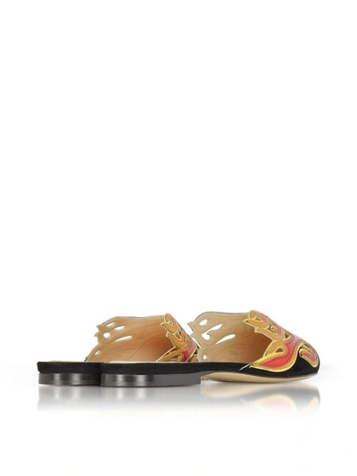 Shop Charlotte Olympia Black Suede And Red Snake-printed Leather Flaming Slide Mules