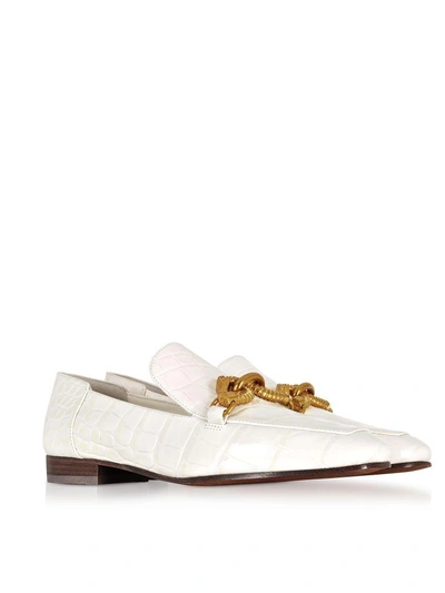 Shop Tory Burch Jessa White Croco Embossed Leather Loafers W-goldtone Horse Hardware In Ivory