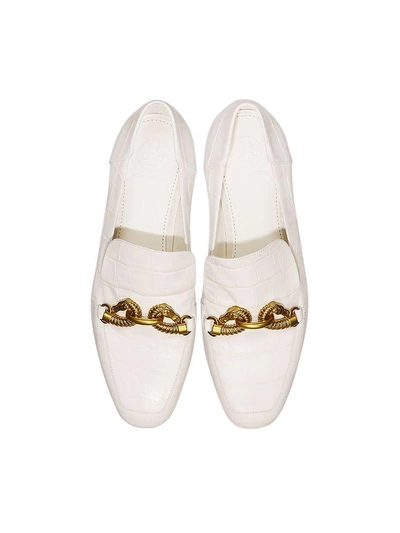 Shop Tory Burch Jessa White Croco Embossed Leather Loafers W-goldtone Horse Hardware In Ivory