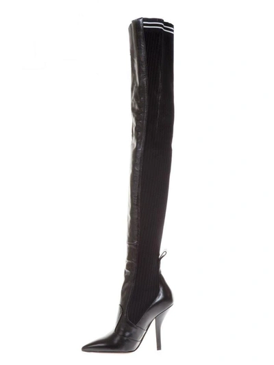 Shop Fendi Black Leather & Knit Over The Knee Boots