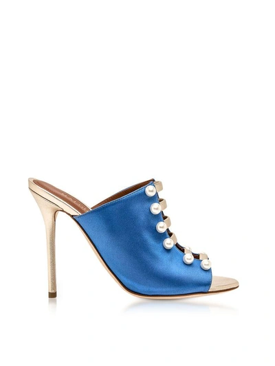 Shop Malone Souliers Zada Blue And Platinum Satin High Heel Mules