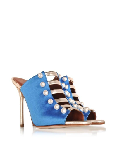 Shop Malone Souliers Zada Blue And Platinum Satin High Heel Mules