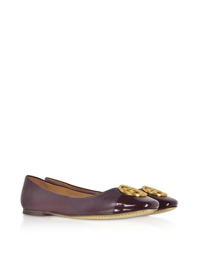 TORY BURCH BURGUNDY NAPPA & PATENT LEATHER CHELSEA CAP-TOE BALLET FLATS 10638194