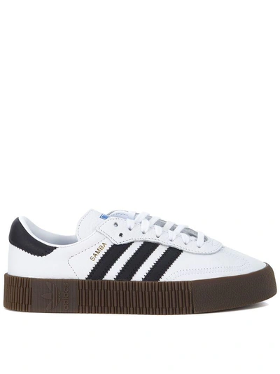 Shop Adidas Originals Sambarose Black And White Leather Sneaker With Platform In Bianco