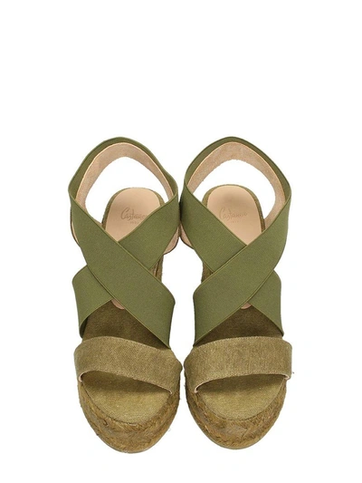 Shop Castaã±er Bambi Military Green Canvas Wegde Sandals