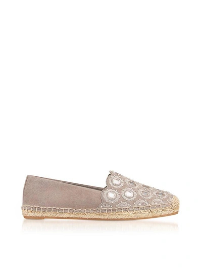 Shop Tory Burch Yasmin Dust Storm Suede Embellished Flat Espadrilles In Beige