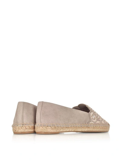 Shop Tory Burch Yasmin Dust Storm Suede Embellished Flat Espadrilles In Beige