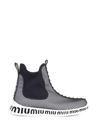 Shop Miu Miu Crystal-embellished Mesh And Neoprene High-top Sneakers In Bianco Nero