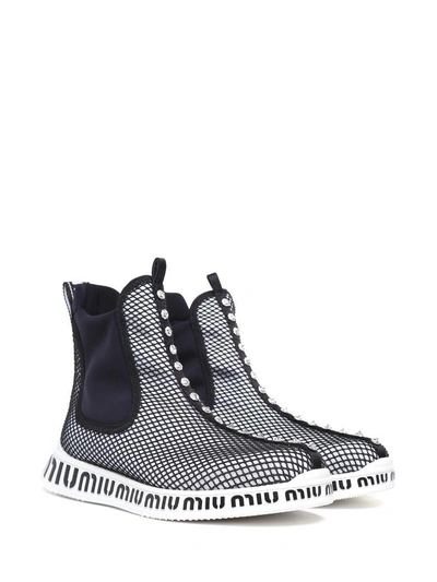 Shop Miu Miu Crystal-embellished Mesh And Neoprene High-top Sneakers In Bianco Nero