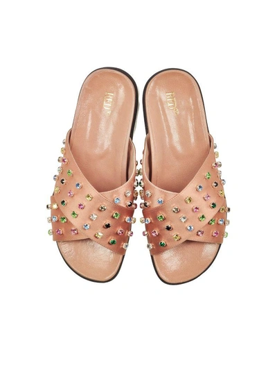 Shop Red Valentino Cammeo Satin Slide Sandals W/crystals In Powder Pink