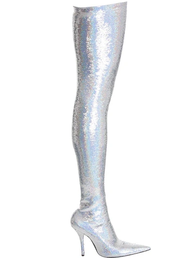 Shop Balenciaga Knife Sequinned Over-the-knee Boots In Silver