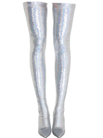 Shop Balenciaga Knife Sequinned Over-the-knee Boots In Silver