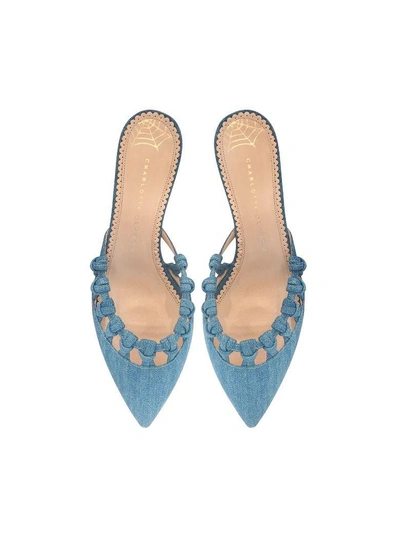 Shop Charlotte Olympia Patti Denim Mid-heel Pointy Mule In Blue