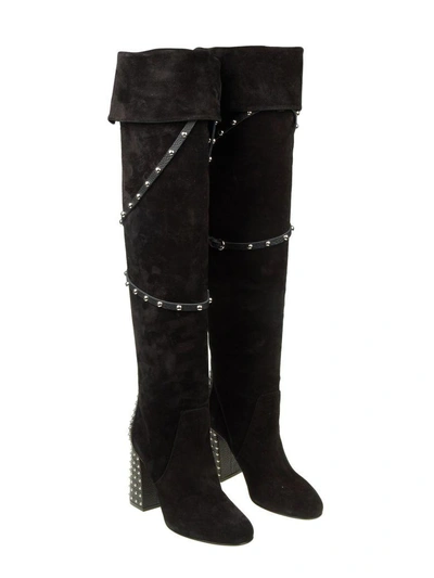 Shop Red Valentino Black Suede Boots With Studs Applied On The Heel