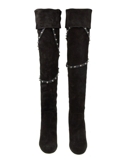 Shop Red Valentino Black Suede Boots With Studs Applied On The Heel