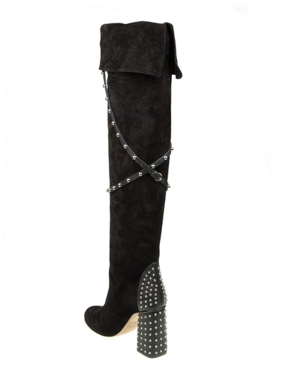 Shop Red Valentino Black Suede Boots With Studs Applied On The Heel
