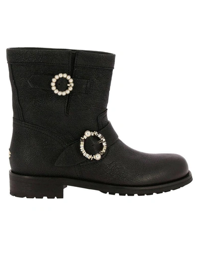 Shop Jimmy Choo Youth Biker Style Ankle Boots In Satin Leather With Maxi Jewel Buckles In Black