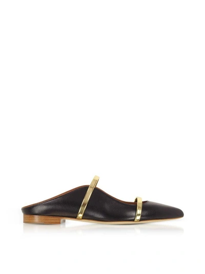 Shop Malone Souliers Black And Gold Nappa Leather Maureen Flat Mules