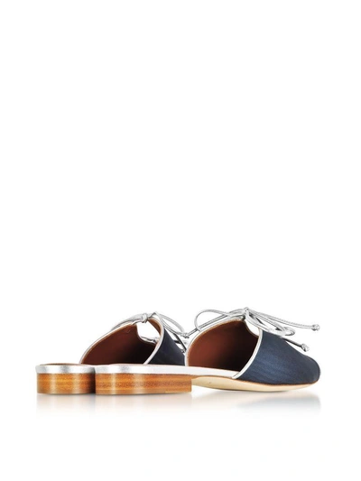 Shop Malone Souliers Vilvin Navy Blue Moire Fabric And Silver Metallic Nappa Leather Flat Mules