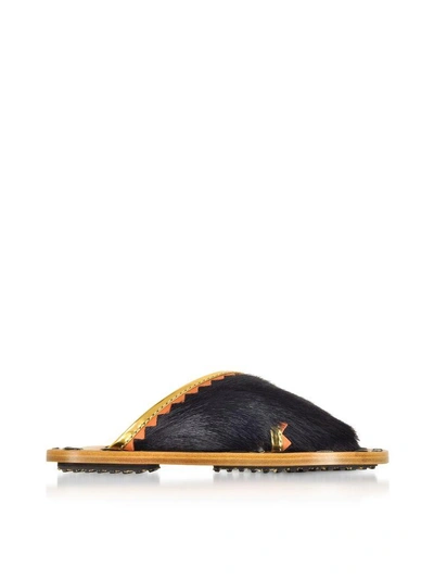 Shop Marni Black Haircalf And Laminated Leather Crossover Slide Sandals