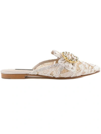 Shop Dolce & Gabbana Embellished Lace Mules In Ghiaccio