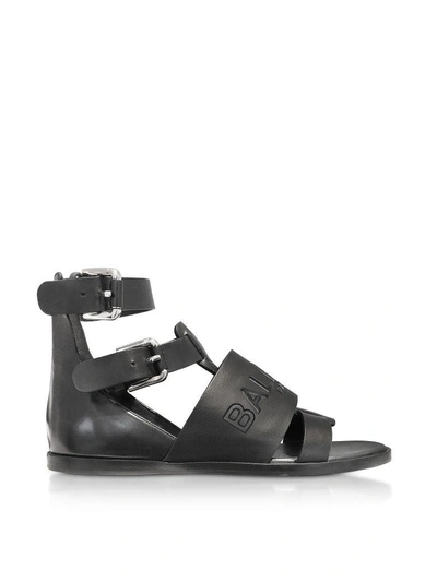 Shop Balmain Black Leather Clothilde Flat Sandals