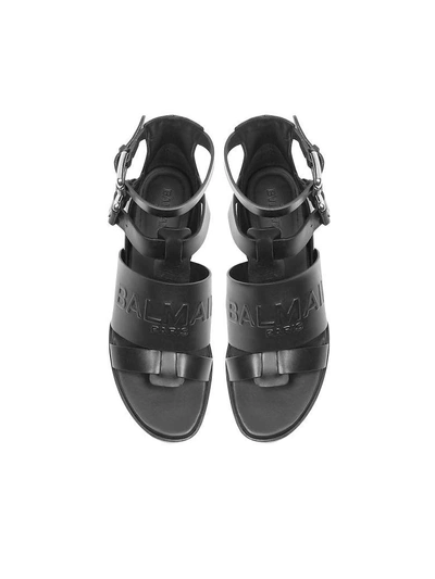 Shop Balmain Black Leather Clothilde Flat Sandals