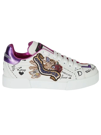 Shop Dolce & Gabbana Embellished Scribble Sneakers In White/purple