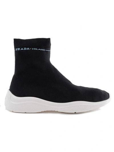 Shop Prada Ankle Boot Knit Flat Sneakers In Nero+bianco