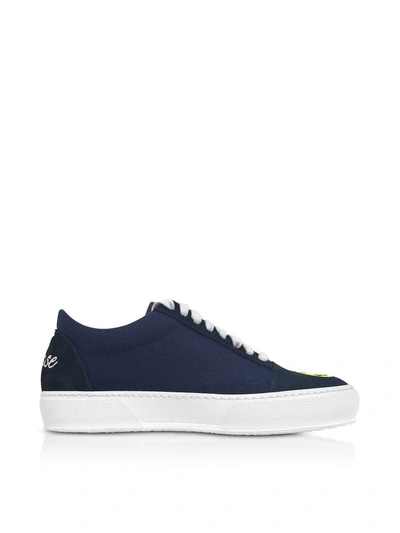 Shop Joshua Sanders Blue Cotton And Leather Smile Embroidery Lace Up Sneakers
