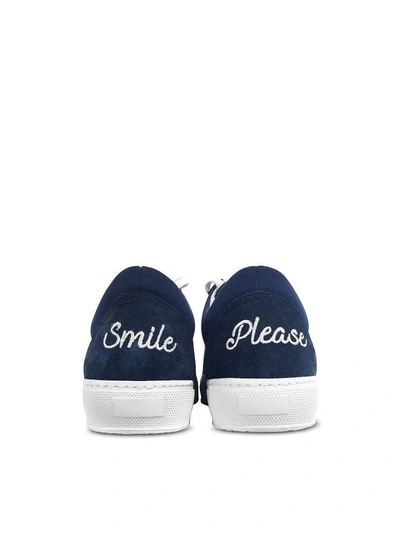 Shop Joshua Sanders Blue Cotton And Leather Smile Embroidery Lace Up Sneakers