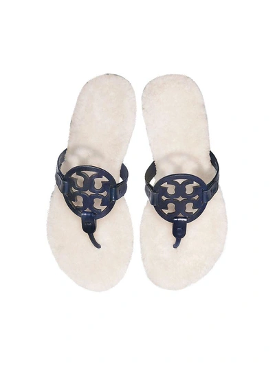 Shop Tory Burch Perfect Navy Shearling Miller Flip Flop W/metal Logo In Navy Blue