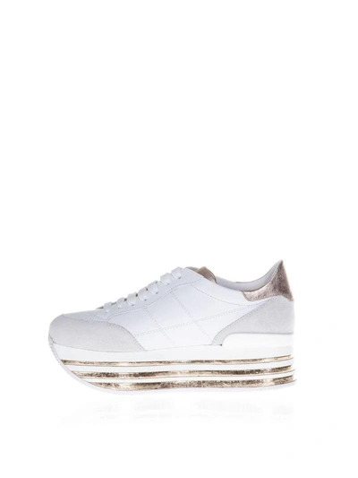 Shop Hogan Maxi 222 White And Bronze Suede Sneakers In White/grey/bronze