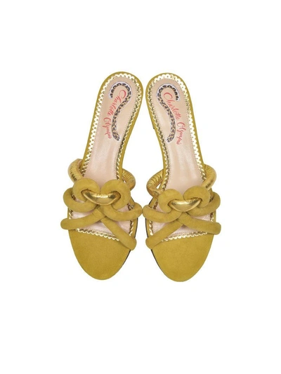 Shop Charlotte Olympia Thalia Olive Green Suede And Gold Metallic Leather Slide Sandals