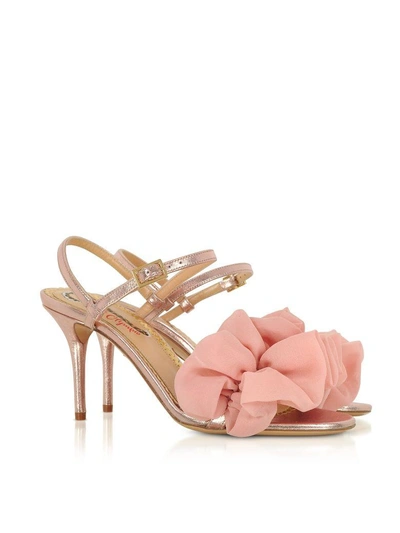 Shop Charlotte Olympia Reia Rose Gold Metallic Leather And Pink Organza Heel Sandals