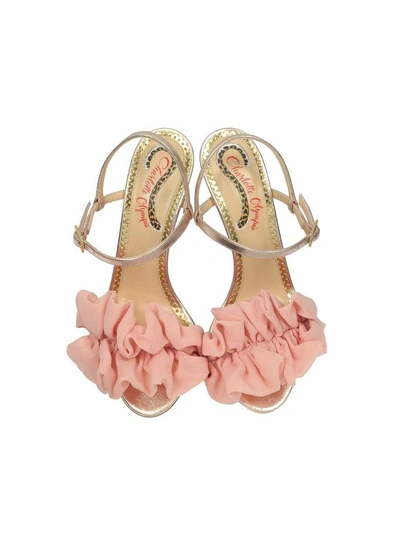 Shop Charlotte Olympia Reia Rose Gold Metallic Leather And Pink Organza Heel Sandals