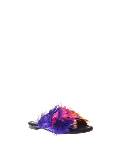 Shop Avec Modération St Tropez Black Leather & Multicoloured Feather Sandals In Multicolor
