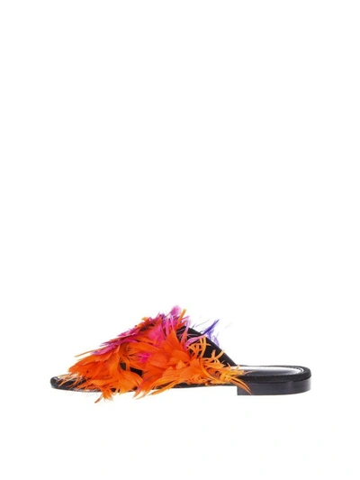 Shop Avec Modération St Tropez Black Leather & Multicoloured Feather Sandals In Multicolor