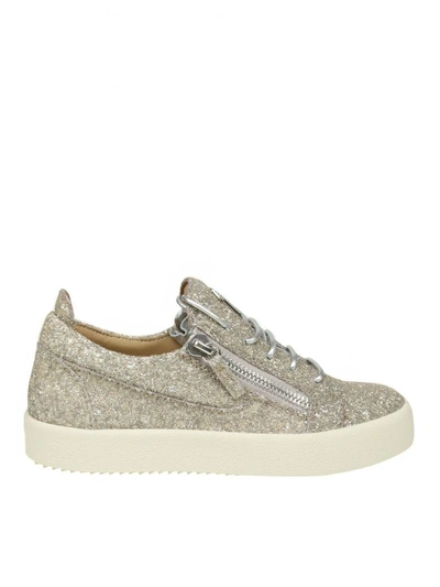 Shop Giuseppe Zanotti Sneakers "may" In Fabric With Glitter In Champagne