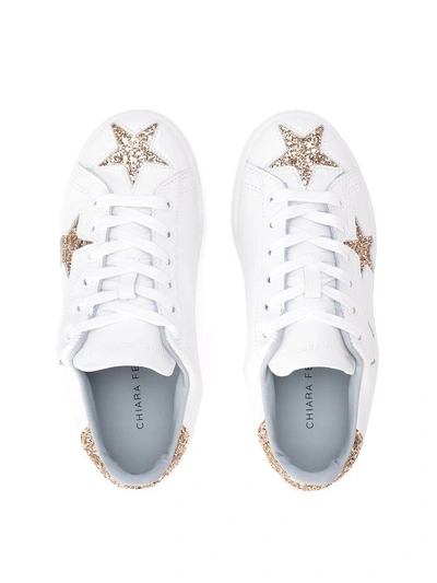 Shop Chiara Ferragni Roger White Leather Sneaker With Golden Glitter Stars In Bianco